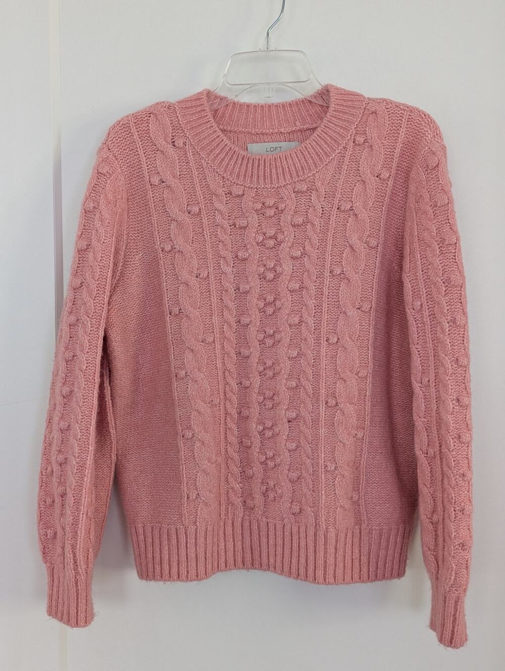 LOFT Pink Cable Knit Sweater L Popcorn Pullover Coquette Soft Girl Bobble